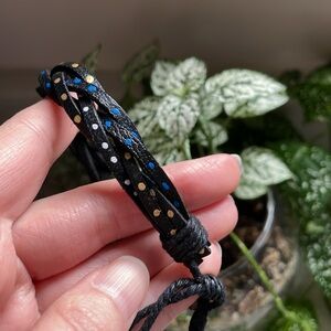 Black leather bracelet with blue gold and white dots unisex men’s women’s 7-8”